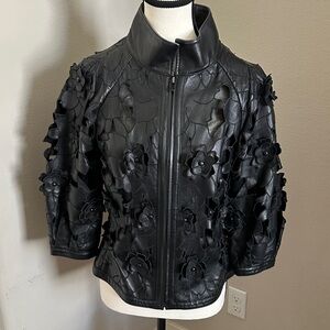 Per Se Black Floral Leather Jacket 3/4 Sleeve